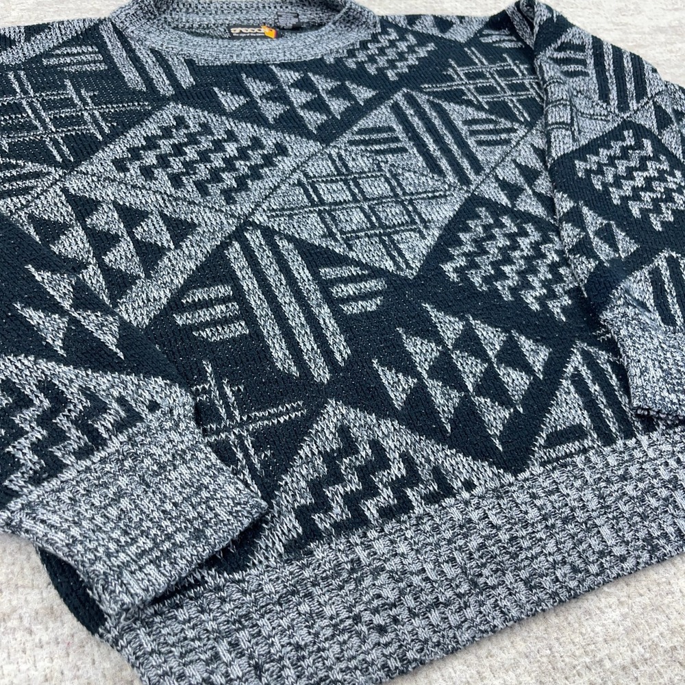 Vintage Grandpa Sweater Men Large Gray Black Geometric Crewneck 80s 90s Golf - Picture 3 of 11